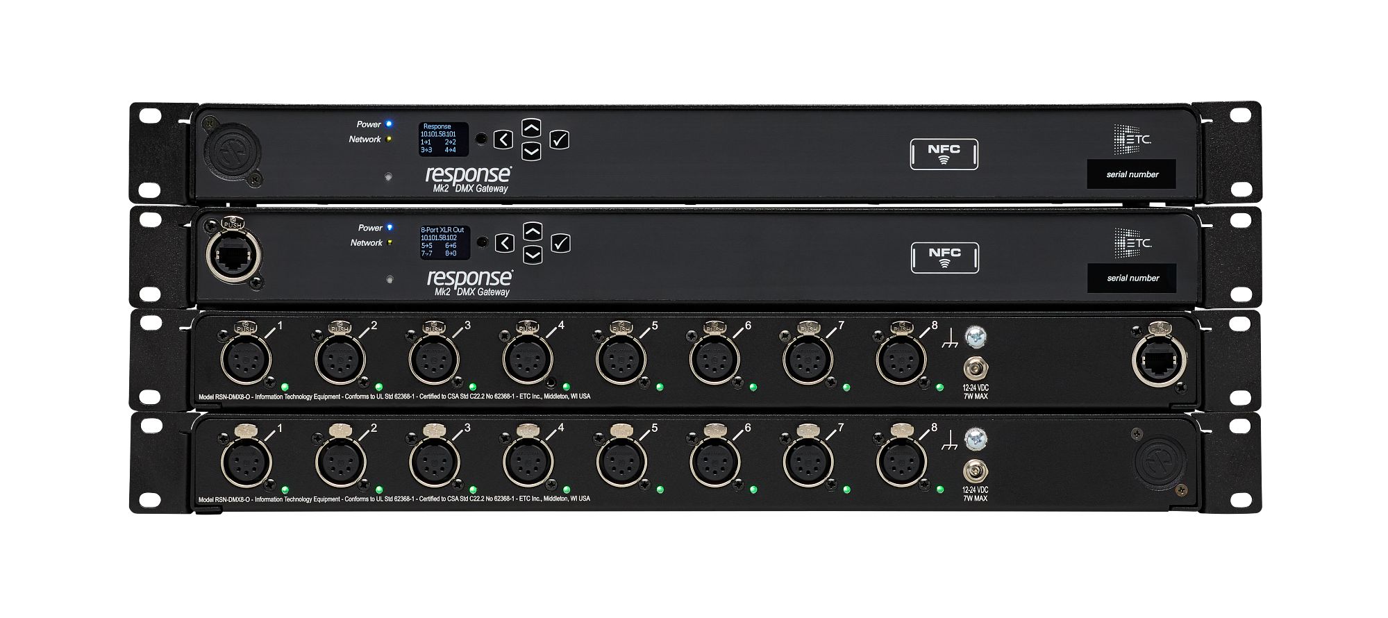 Stack of ETC Response Mk2 8-port DMX gateways