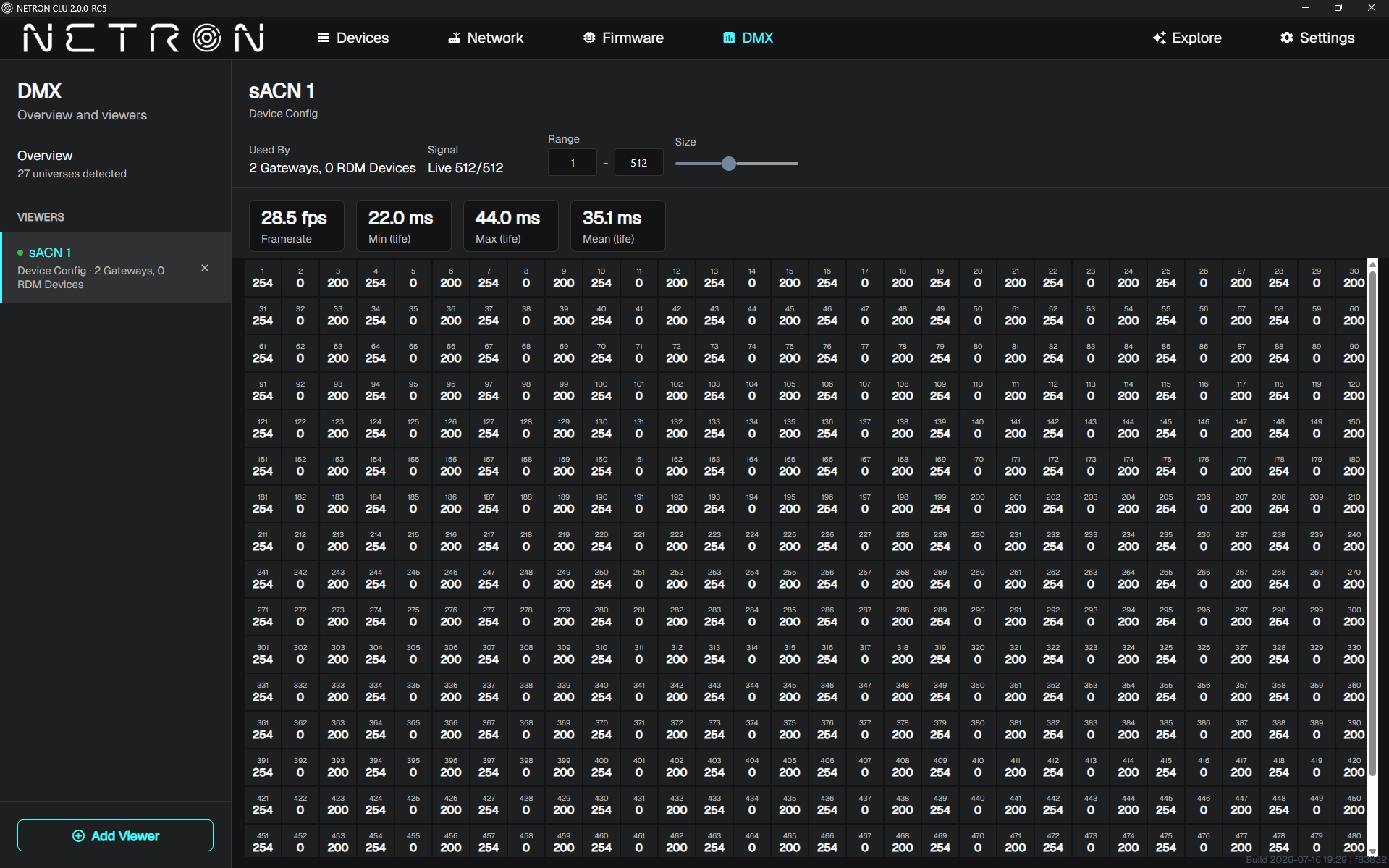 Netron CLU 2.0 DMX monitoring view